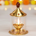 Brass Table Decor Oil Lamp Deepak With Chimney  - Elegant Deepak for Temple Lighting