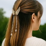 LETZSHOPPE Butterfly Hair Claw Clip – Fancy Metal Pearl Hair Clutch for Women, Bridal Hair Accessories (1 Pc)