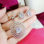 Silver Plated Luxury American Diamond Heart Crystal Pendant & Earrings Combo