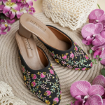 Midnight Bloom Embroidered Mule Heels