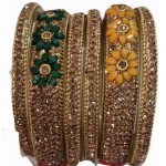 Lac Bangles Set, Floral Lac Bangles, Green Yellow Bangles, Stone Studded Lac Jewelry