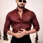 Foomer Men's Olive Green Sequin Satin Cotton Party Shirt in Regular Fit with Bold Shiny Embellishments for Club Wear, Evening Styling