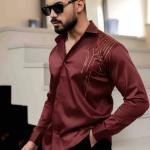 Foomer Men's Olive Green Sequin Satin Cotton Party Shirt in Regular Fit with Bold Shiny Embellishments for Club Wear, Evening Styling