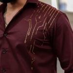 Foomer Men's Olive Green Sequin Satin Cotton Party Shirt in Regular Fit with Bold Shiny Embellishments for Club Wear, Evening Styling