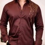 Foomer Men's Olive Green Sequin Satin Cotton Party Shirt in Regular Fit with Bold Shiny Embellishments for Club Wear, Evening Styling