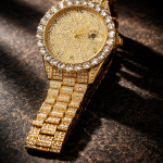 KHRIST Luxury Gold-Tone Crystal-Studded Analog Watch for Men | Diamond-Style Dial & Bracelet | Elegant Party & Occasion Wear Timepiece