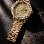 KHRIST Luxury Gold-Tone Crystal-Studded Analog Watch for Men | Diamond-Style Dial & Bracelet | Elegant Party & Occasion Wear Timepiece