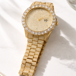 KHRIST Luxury Gold-Tone Crystal-Studded Analog Watch for Men | Diamond-Style Dial & Bracelet | Elegant Party & Occasion Wear Timepiece