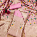 Pink Floral Designer Silk Suit Set with Zari Border