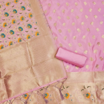 Pink Floral Designer Silk Suit Set with Zari Border