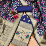 Navy Blue Floral Designer Silk Suit Set with Zari Border