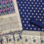 Navy Blue Floral Designer Silk Suit Set with Zari Border