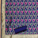 Navy Blue Floral Designer Silk Suit Set with Zari Border