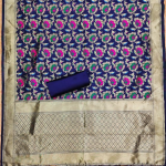 Navy Blue Floral Designer Silk Suit Set with Zari Border