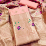 Navy Blue Floral Designer Silk Suit Set with Zari Border