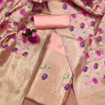 Navy Blue Floral Designer Silk Suit Set with Zari Border