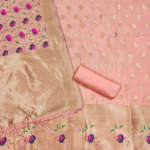 Navy Blue Floral Designer Silk Suit Set with Zari Border