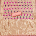 Navy Blue Floral Designer Silk Suit Set with Zari Border