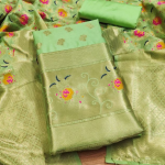 Navy Blue Floral Designer Silk Suit Set with Zari Border