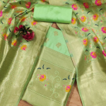 Navy Blue Floral Designer Silk Suit Set with Zari Border