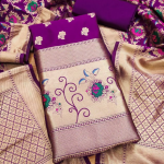 Navy Blue Floral Designer Silk Suit Set with Zari Border