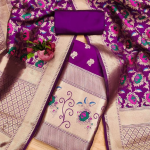 Navy Blue Floral Designer Silk Suit Set with Zari Border