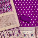 Navy Blue Floral Designer Silk Suit Set with Zari Border