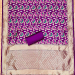 Navy Blue Floral Designer Silk Suit Set with Zari Border