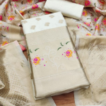 White Floral Designer Silk Suit Set with Zari Border