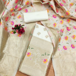 White Floral Designer Silk Suit Set with Zari Border