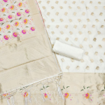 White Floral Designer Silk Suit Set with Zari Border