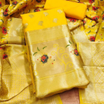 White Floral Designer Silk Suit Set with Zari Border