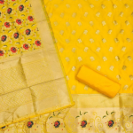 White Floral Designer Silk Suit Set with Zari Border