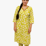 STYLEGENIXSTYLEGENIX Women's Cotton Kurta with Pant Set, Yellow with White Polka Dots, 3/4 Sleeves, V-Neck, Casual Wear