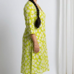 STYLEGENIXSTYLEGENIX Women's Cotton Kurta with Pant Set, Yellow with White Polka Dots, 3/4 Sleeves, V-Neck, Casual Wear