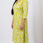 STYLEGENIXSTYLEGENIX Women's Cotton Kurta with Pant Set, Yellow with White Polka Dots, 3/4 Sleeves, V-Neck, Casual Wear