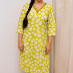 STYLEGENIXSTYLEGENIX Women's Cotton Kurta with Pant Set, Yellow with White Polka Dots, 3/4 Sleeves, V-Neck, Casual Wear