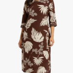STYLEGENIXSTYLEGENIX Women's Brown Floral Print Kurta with Pant Set, 3/4 Sleeve, Tropical Leaf Pattern