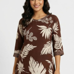 STYLEGENIXSTYLEGENIX Women's Brown Floral Print Kurta with Pant Set, 3/4 Sleeve, Tropical Leaf Pattern