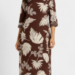 STYLEGENIXSTYLEGENIX Women's Brown Floral Print Kurta with Pant Set, 3/4 Sleeve, Tropical Leaf Pattern