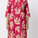 STYLEGENIXSTYLEGENIX Women's Printed Kurti, Pink with Beige Floral Print, 3/4 Sleeves, Cotton Tunic Dress