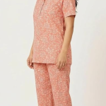 STYLEGENIXSTYLEGENIX Women's Cotton Nightwear Set, Coral Floral Print, Short Sleeve Polo Collar Top with Pajama, Comfortable Loungewear