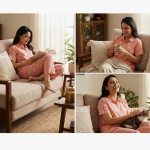 STYLEGENIXSTYLEGENIX Women's Cotton Nightwear Set, Coral Floral Print, Short Sleeve Polo Collar Top with Pajama, Comfortable Loungewear