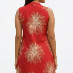STYLEGENIXSTYLEGENIX Red Sleeveless Dress with Golden Floral Print, Mandarin Collar, A-Line Style