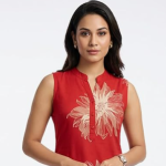 STYLEGENIXSTYLEGENIX Red Sleeveless Dress with Golden Floral Print, Mandarin Collar, A-Line Style