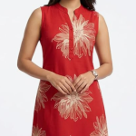 STYLEGENIXSTYLEGENIX Red Sleeveless Dress with Golden Floral Print, Mandarin Collar, A-Line Style