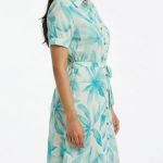 STYLEGENIXSTYLEGENIX Women's Shirt Dress, Turquoise Floral Print, Short Sleeve, Button Front, High-Low Hem, Belted Waist