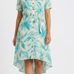 STYLEGENIXSTYLEGENIX Women's Shirt Dress, Turquoise Floral Print, Short Sleeve, Button Front, High-Low Hem, Belted Waist