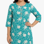 STYLEGENIXSTYLEGENIX Women's Cotton Kurti, Turquoise Blue Floral Print, Three Quarter Sleeves, Knee Length Dress