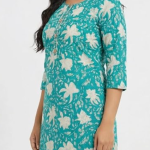 STYLEGENIXSTYLEGENIX Women's Cotton Kurti, Turquoise Blue Floral Print, Three Quarter Sleeves, Knee Length Dress